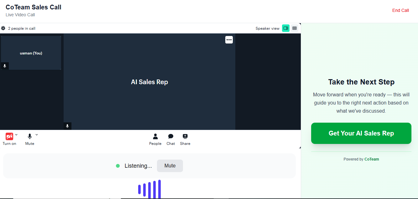 Live video sales call with CoTeam AI Sales Rep